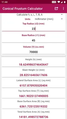 Conical Frustum Calculator android App screenshot 2