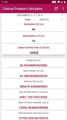 Conical Frustum Calculator android App screenshot 3