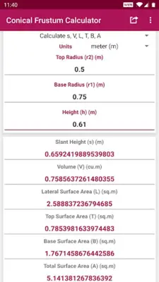 Conical Frustum Calculator android App screenshot 6